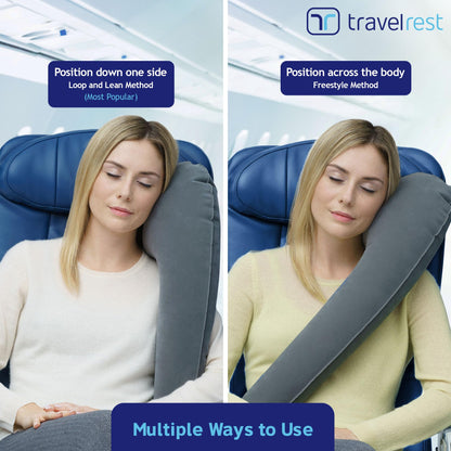 TRAVELREST Ultimate Travel Neck and Body Pillow - Unparalled Support Design, Essentail for Bus, Train, Airplane, Office, Wheelchairs, Comfort and Support, Rolls Up, Straps to Airplane Seat & Car- Grey