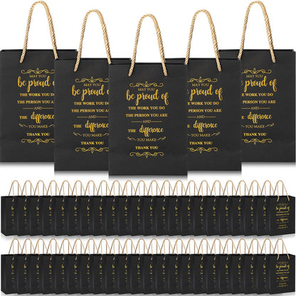 Fulmoon 50pcs Thank You Gifts Bags Employee Appreciation Pape Bags Bulk 5.9 x 3.1 x 8.3'' Inspirational May You Be Proud Gift Sack with Handle for Coworkers Teacher Valentine's Day(Black)