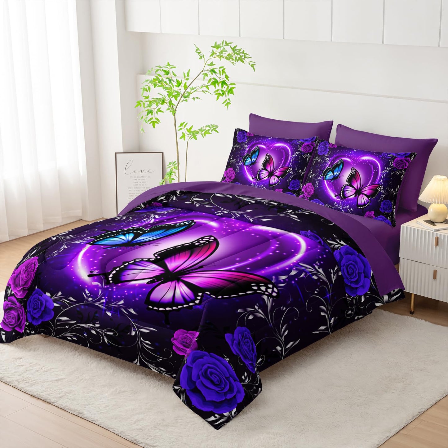 Tuzaovy Purple Butterfly Comforter Set 7 Piece Twin Size Bed in A Bag,Dreamy Butterfly Bedding for Girls Room Decor,Soft Microfiber Comforter with Fitted Sheet,Flat Sheet, Pillowcases & Shams
