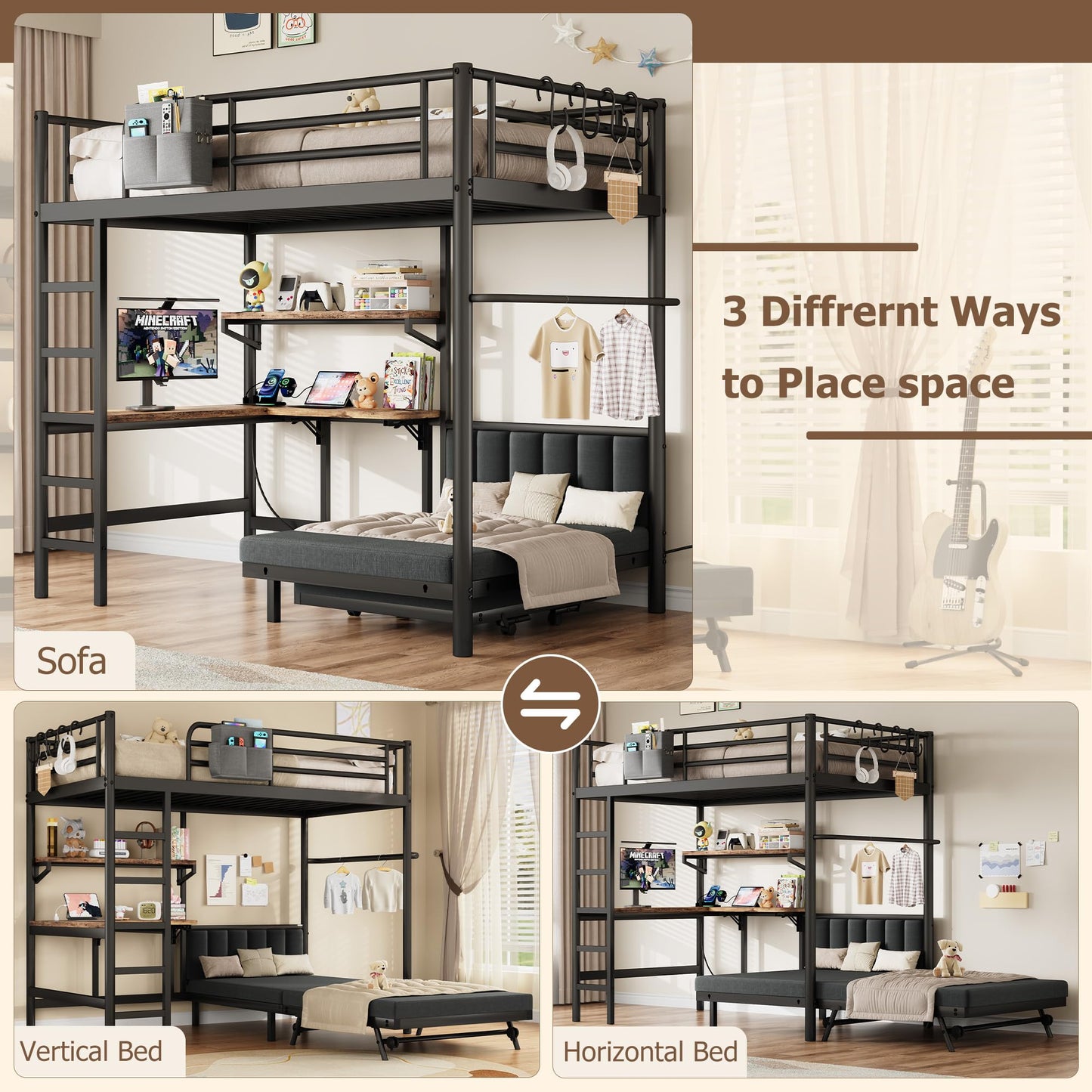 Jocoevol Twin Loft Bed with Mattress, Dual-Access Bed, Pull-Out Folding Bed & L-Shaped Desk, Heavy Duty Metal Bunk Bed Frame with Safety Guardrails, Charging Station & Adjustable Shelves (Dark Black)