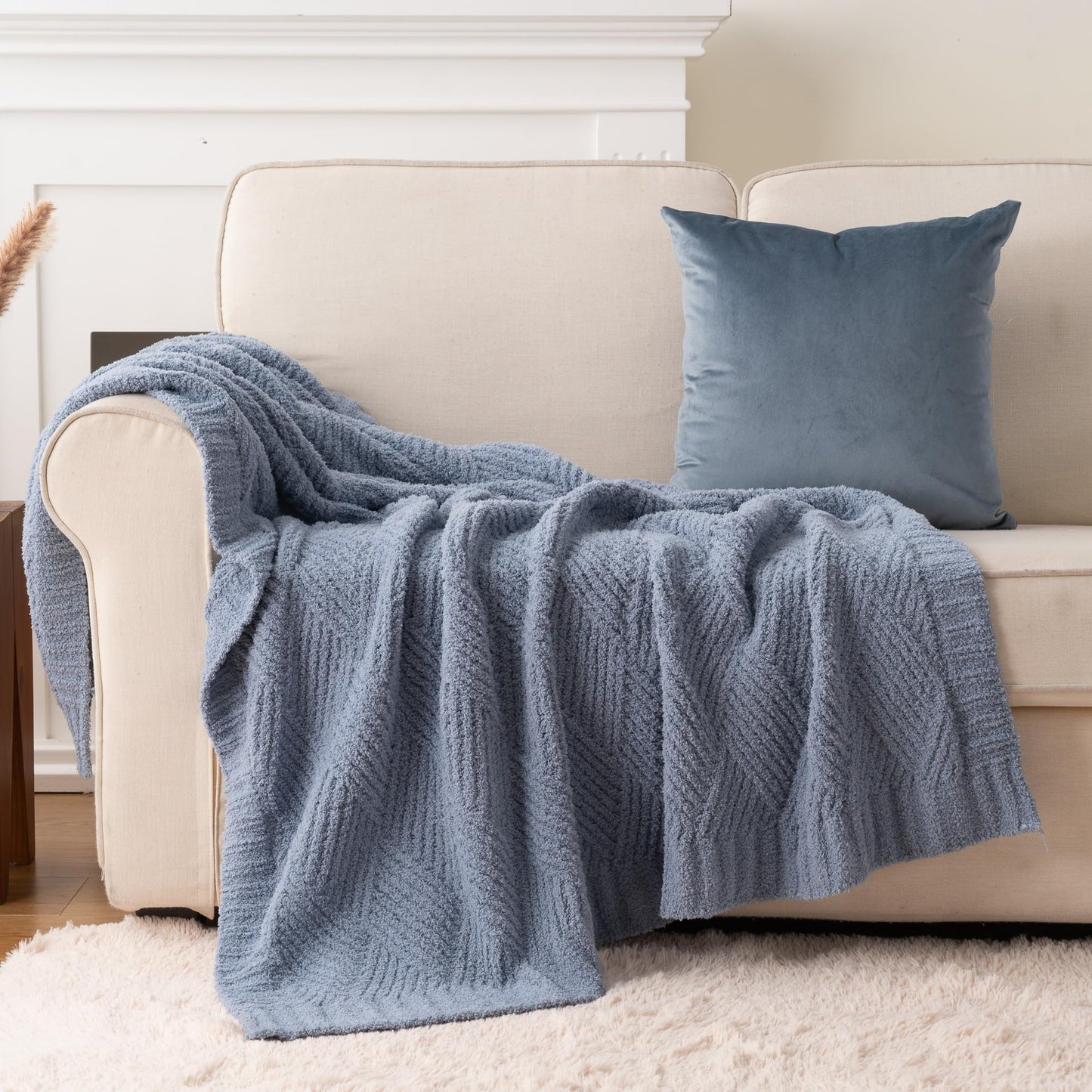 Battilo Dusty Blue Throw Blanket for Couch, Soft Chenille Diamond Knit, Lightweight Cozy Decorative Blanket for Sofa Bed, 50"x60"