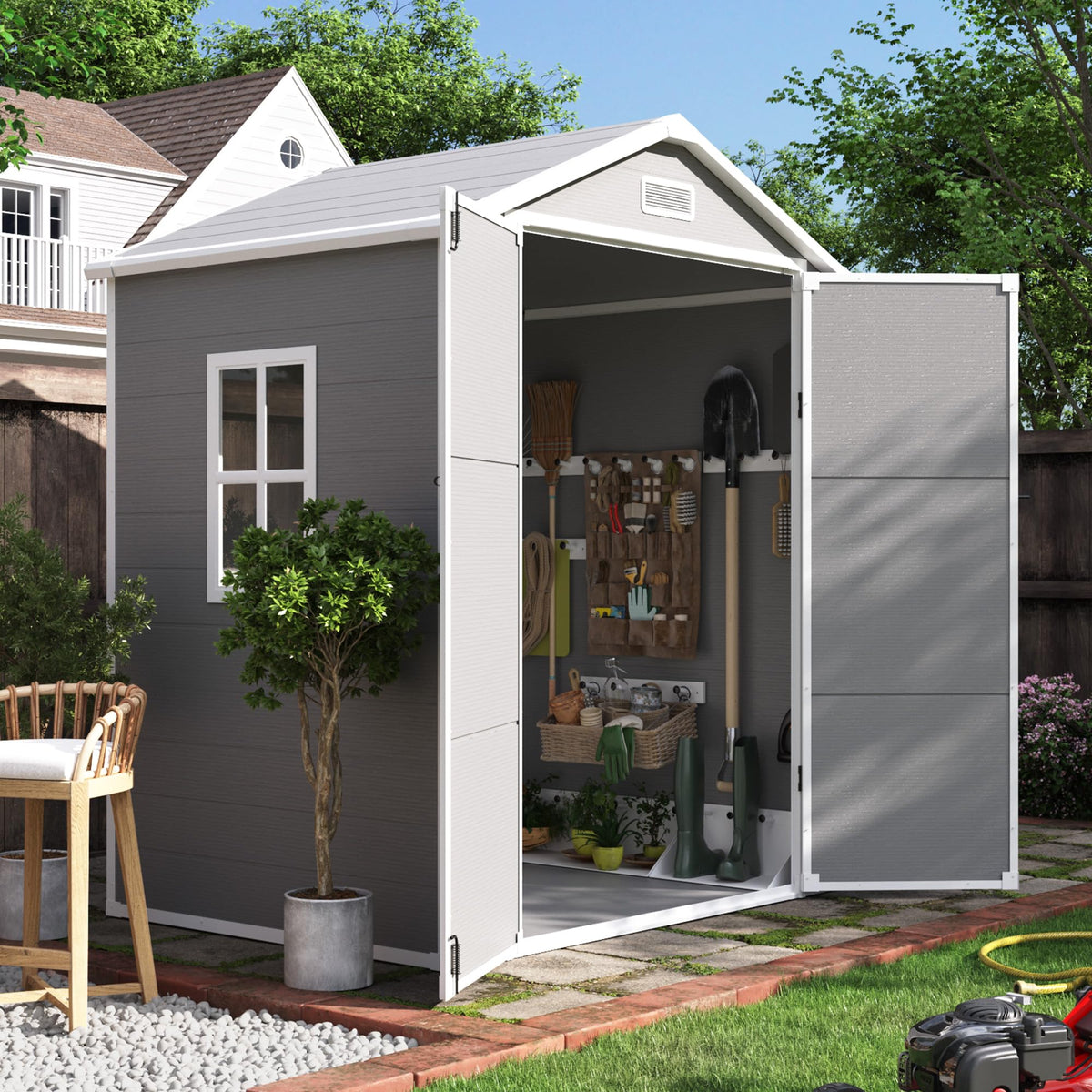 UDPATIO Outdoor Storage Shed 6x4 FT, Garden Resin Shed for Bike, Garbage Can, Tools, Outside Plastic Sheds with Floor for Backyard, Patio, Lawn, Grey & White