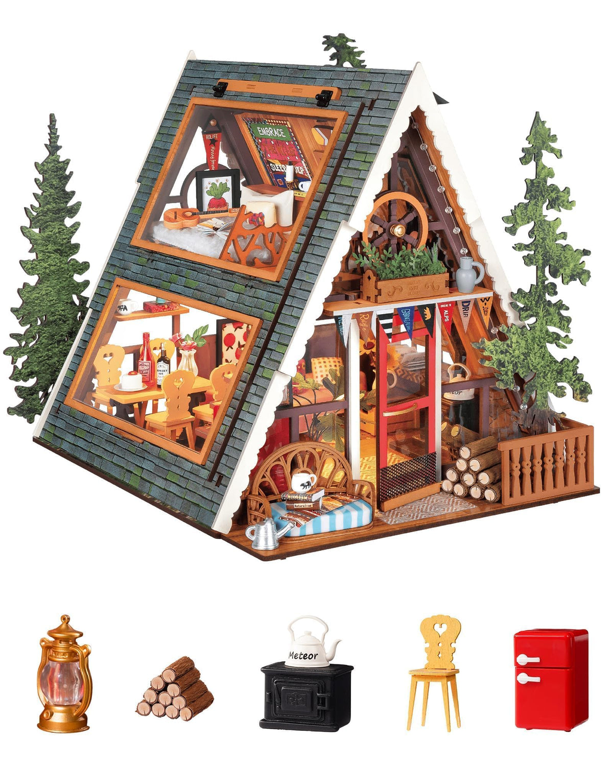 Rolife DIY Miniature House Kit A-Frame Cabin, 3D Wooden Puzzle Tiny House with Openable Skylight for Teens & Adults, Cozy Forest Cabin Décor, Creative Gift for Birthday & Holidays