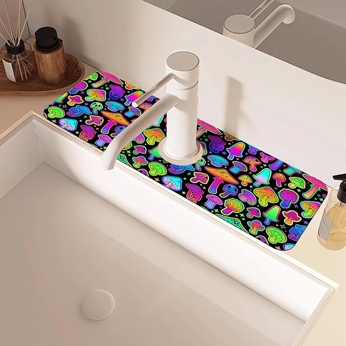 Bright Neon Mushroom Kitchen Sink Splash Guard Absorbent Fast Drying Mat Faucet