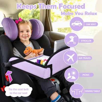 AZAMIA Kids Travel Tray for Toddler Carseat, Road Trip Activities Essentials for Toddler, Kids Lap Desk Tray with Tablet Holder Stand ＆ Dry Erase Board (Purple)