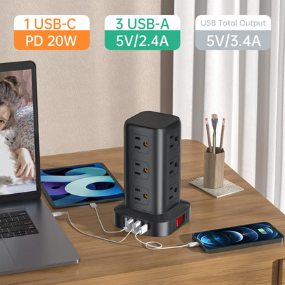 Extension Cord with Multiple Outlets, Surge Protector Power Strip Tower, 12 AC 4 USB，Surge Protector Tower 6.5FT Overload Protection for Home Office