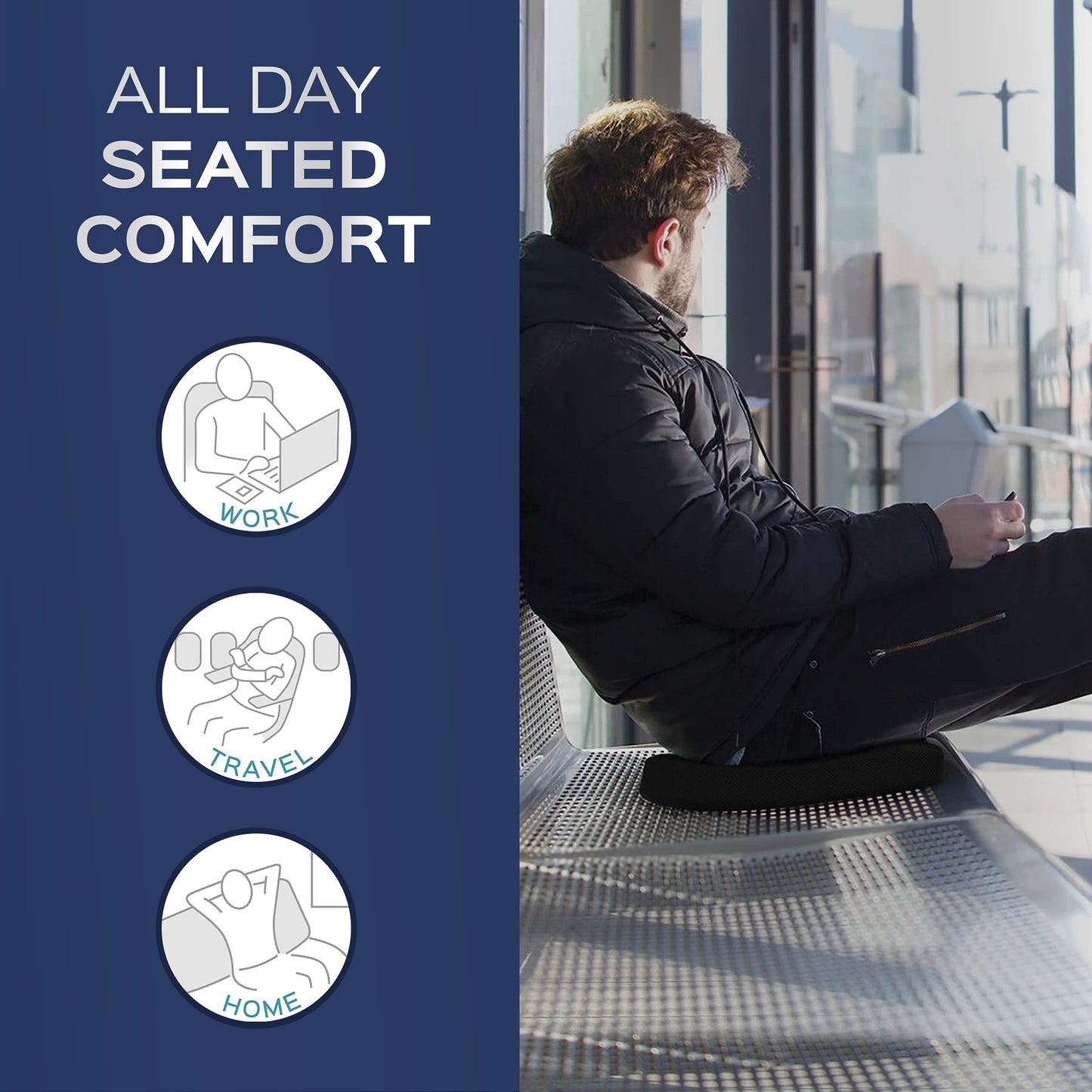 bonmedico Memory Foam Seat Cushion for Office Chair - Non-Slip, Seat Pads for Coccyx Pain Relief to Support Standing - Portable Car Seat Cushion w/Handle for Lower Back Support