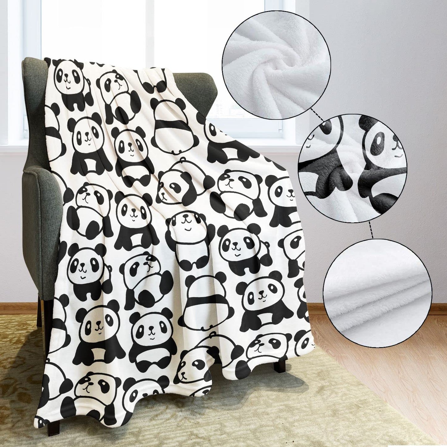 YISUMEI Black and White Panda Blanket, Sitting Lying Down the Little Panda Changes Various Positions, Indoor and Outdoor Use, 60"x80"