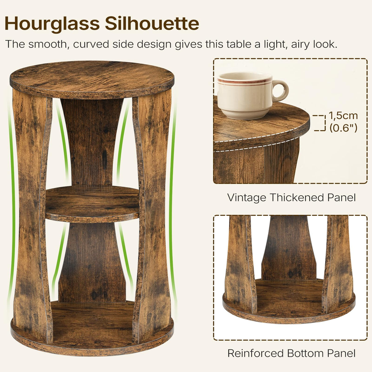 YATINEY Round Side Table, 3-Tier Wooden End Table with Storage Shelves, Drink Table for Small Spaces, Martini Table for Living Room, Bedroom, Rustic Brown ET15WL