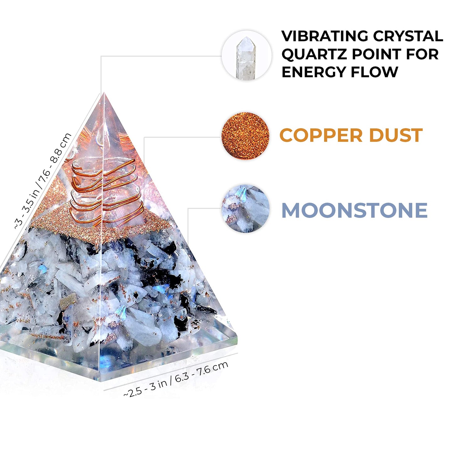 Ever Vibes Rainbow Moonstone Orgone Pyramid - Handmade Healing Crystal Gemstone for Positivity, Strength, Meditation, Reiki, Yoga, Spiritual Gift, Home & Office Decor