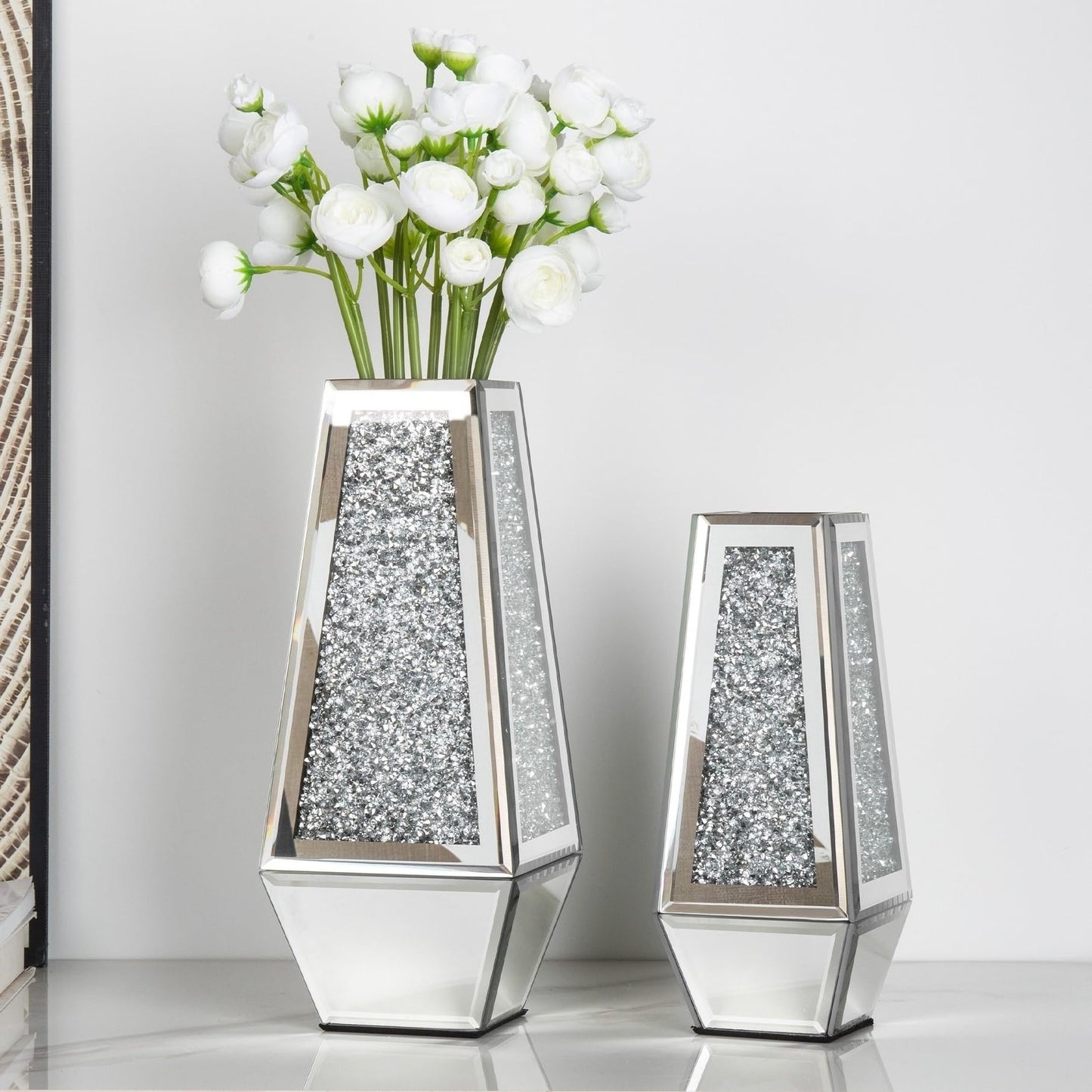 SHYFOY Crushed Diamond Mirrored Vases Set of 2, Silver Glass Flower Vases for Table Home Decor Crystal Vase for Dried Flowers Centerpieces - Can’t Hold Water
