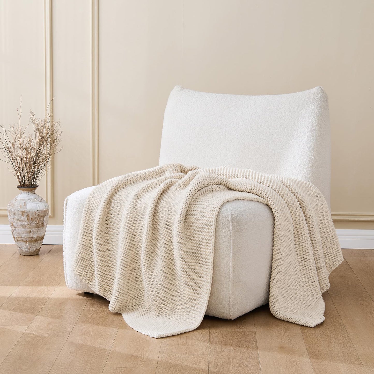 Cable Knit Throw Blanket for Couch, Beige Throw Blanket, Soft Cozy Stretchy Reversible Garter Knitted Blankets for Bed, 50"x60", Light Beige