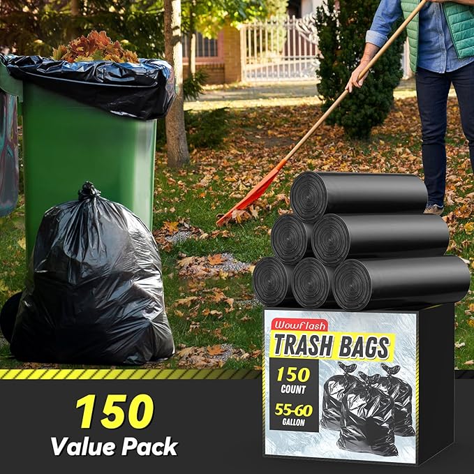 150 Count 55-60 Gallon Trash Bags, Sturdy & Tear-Resistant Commercial Can