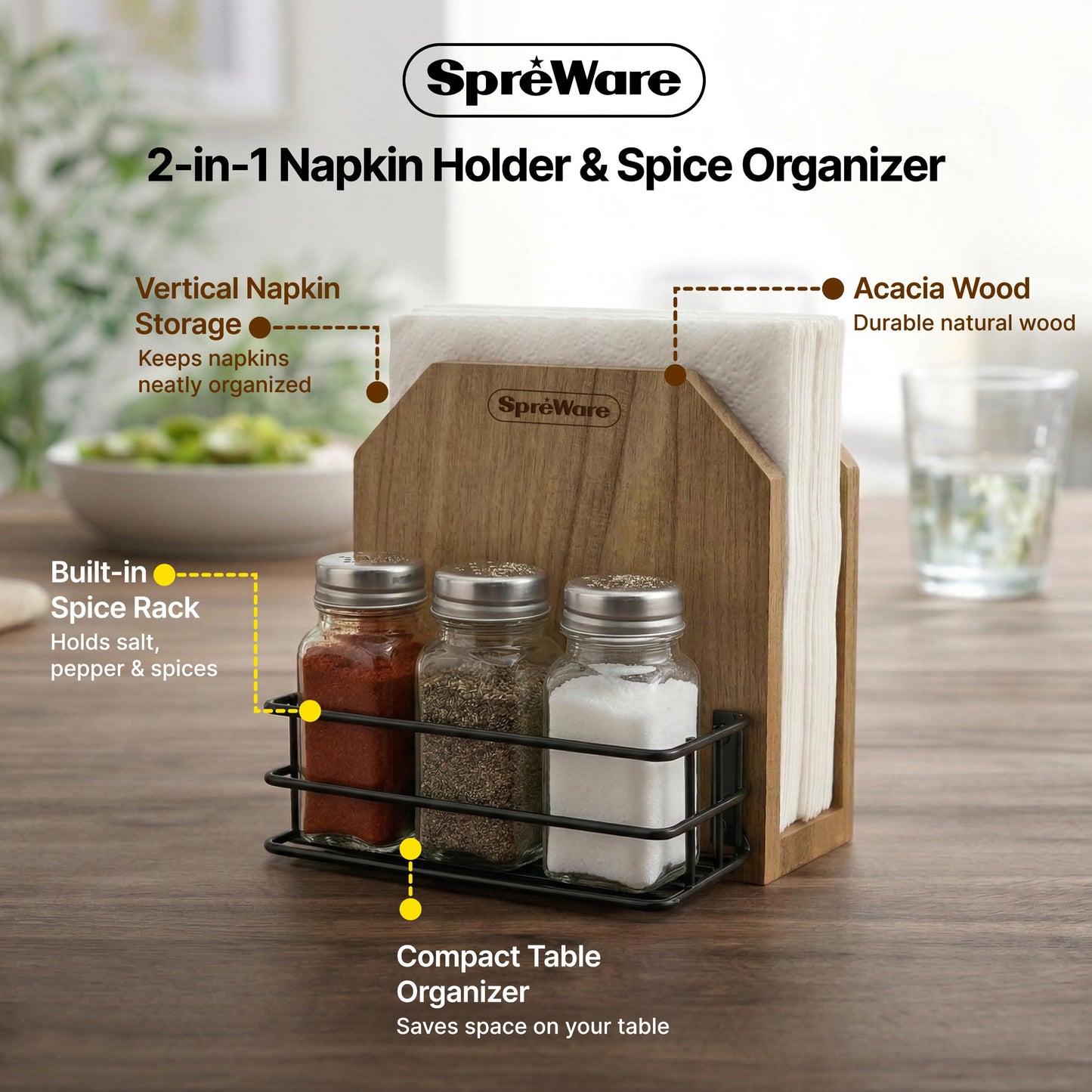 SPREWARE Acacia Wood Napkin Holder with 3 Salt & Pepper Shakers, Rustic Tabletop Napkin and Condiment Caddy, EVA Anti‑Slip Base, Holds 80 Standard Napkins – Grateful Thankful Blessed Design