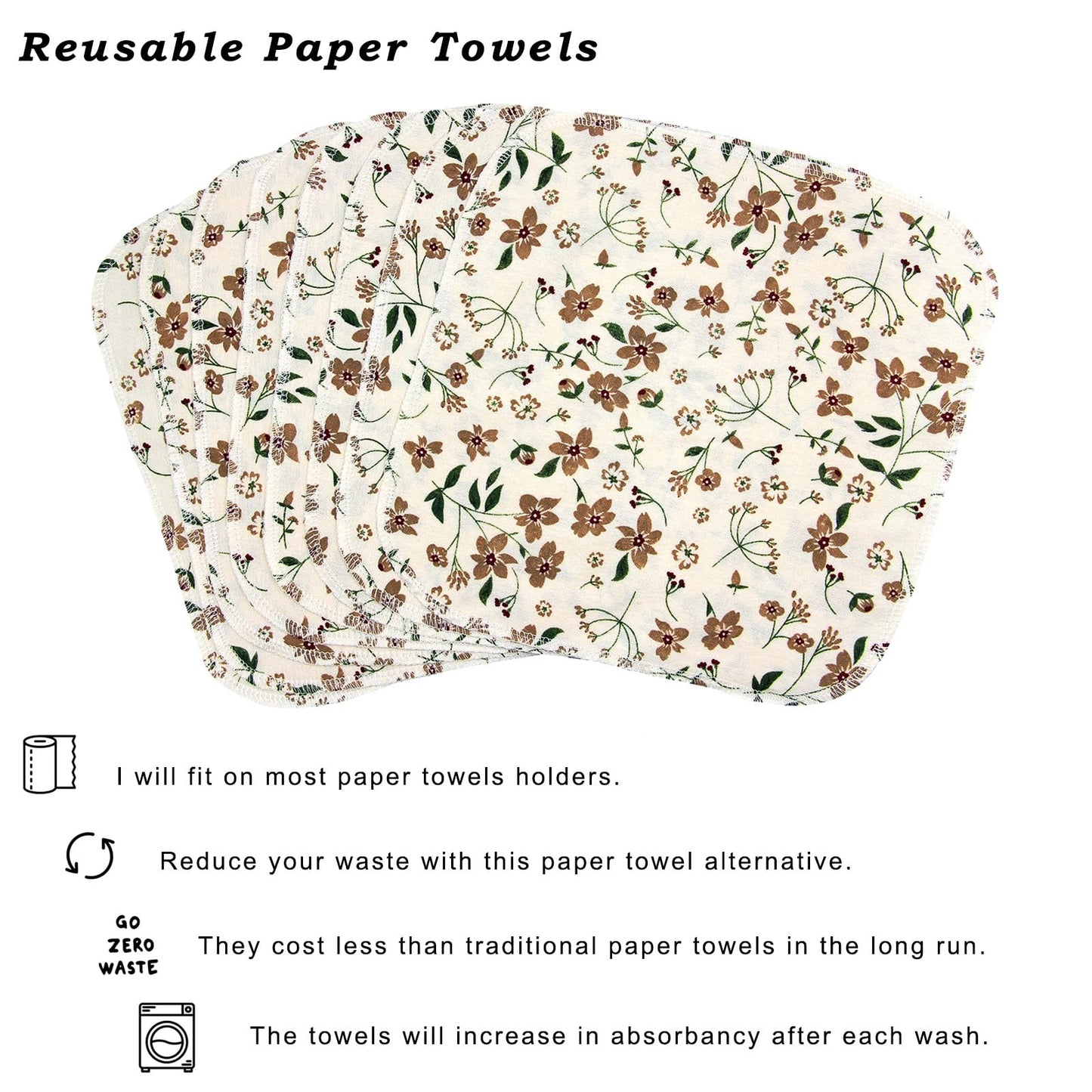 PINOWU Reusable Paper Towels Cotton Cloths (12pcs), Absorbent Kitchen Dishcloths (25x25cm) Washable Paperless Towels Zero Waste Alternative Napkins for Kitchen Household