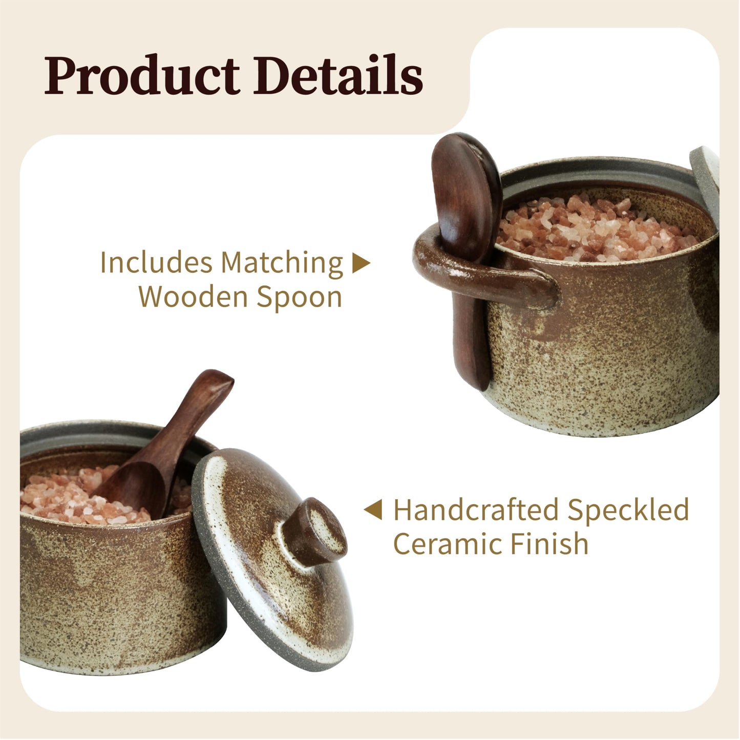 seicasaya Handcrafted Speckled Ceramic Salt Cellar with Wooden Spoon, Rustic Vintage Spice Jar, Dishwasher Safe, 8.45 fl oz (Peckled Ceramic)