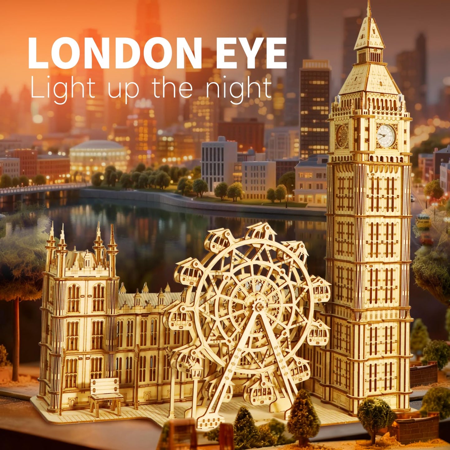 Music Park 3D Wooden Puzzles Big Ben Mechanical Real Clock with Night Light DIY Model Building Kits for Adults to Build Ferris Wheel Hobbies and Birthday Valentine's Day Gifts Home Decoration