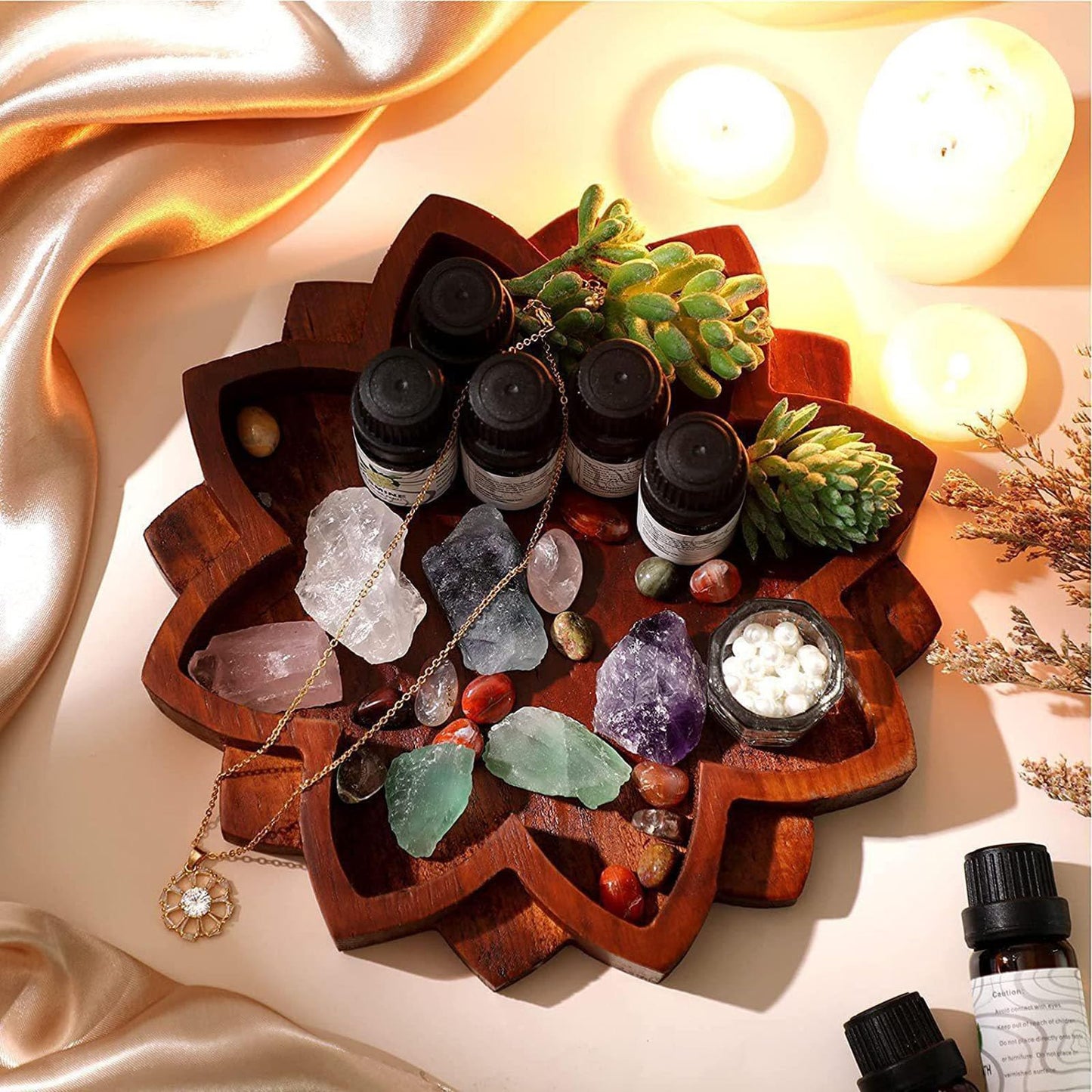ZHU YU CHUN 1 PC Lotus Crystal Decorated Wooden Tray Mandala Crystal Holder Stone Tray Wooden Jewelry Board Shelf Healing Organizer
