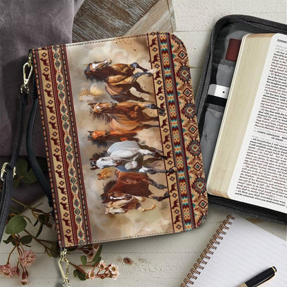 Sktodyaw Large Capacity Bible Book Cover with Horse Navajo Aztec Tribal Print, PU Leather Bible Case with Detachable Strap, Essential for Church,2XL