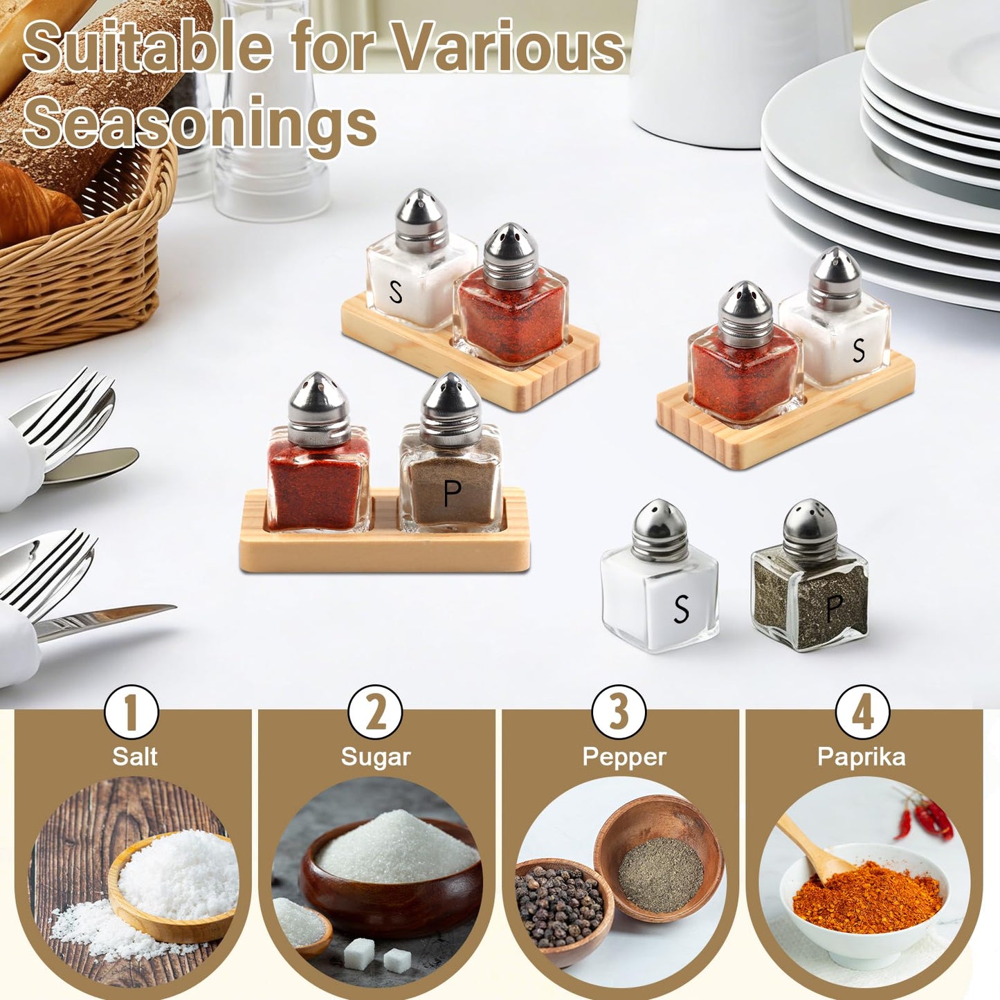 8 Pcs Mini Salt and Pepper Shakers Set with 4 Wood Organizer Sticker 0.5 oz Small Glass Salt and Pepper Shakers Bulk Tiny Individual Salt and Pepper Shakers for Saleros y Pimenteros Para Restaurante