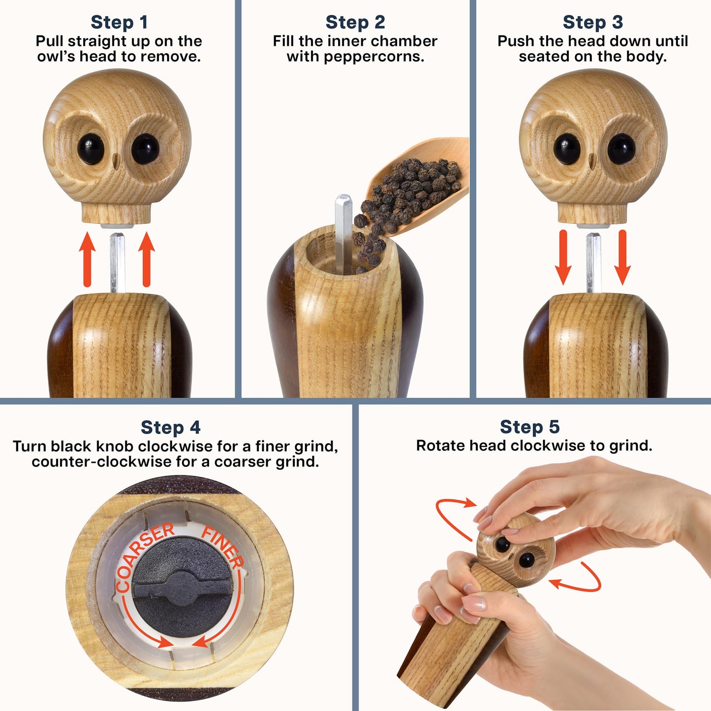 Rock & Branch Owl Refillable Pepper Grinder, Manual Pepper Mill with Ceramic Grinder and Adjustable Coarseness