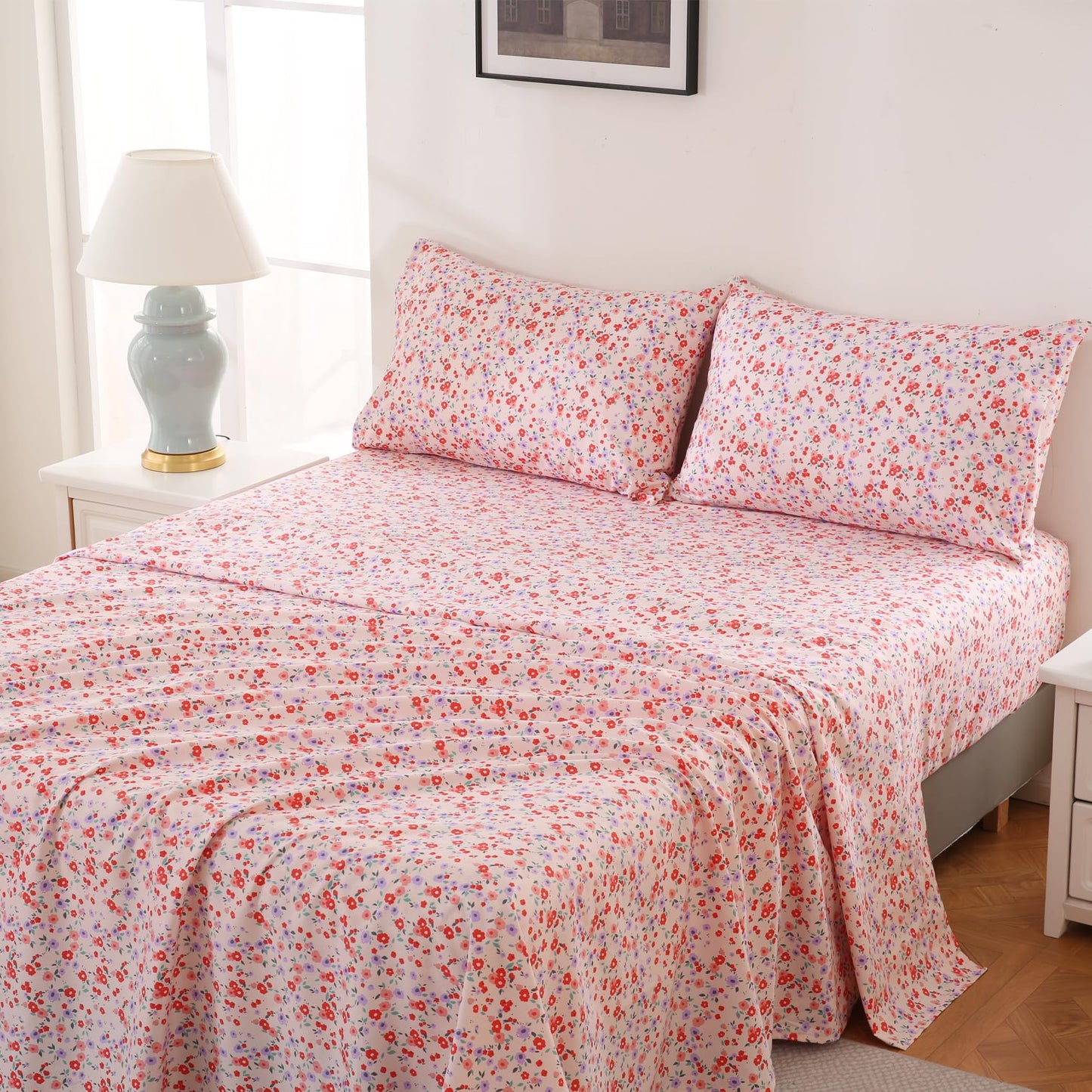 Yibeizi Pink Floral Sheets King Purple Flower Pattern Bed Sheet Set Coquette Vintage Bedding Sheets & Pillowcases Soft Microfiber 15" Extra Deep Pocket Fitted Bedsheet 4 Piece