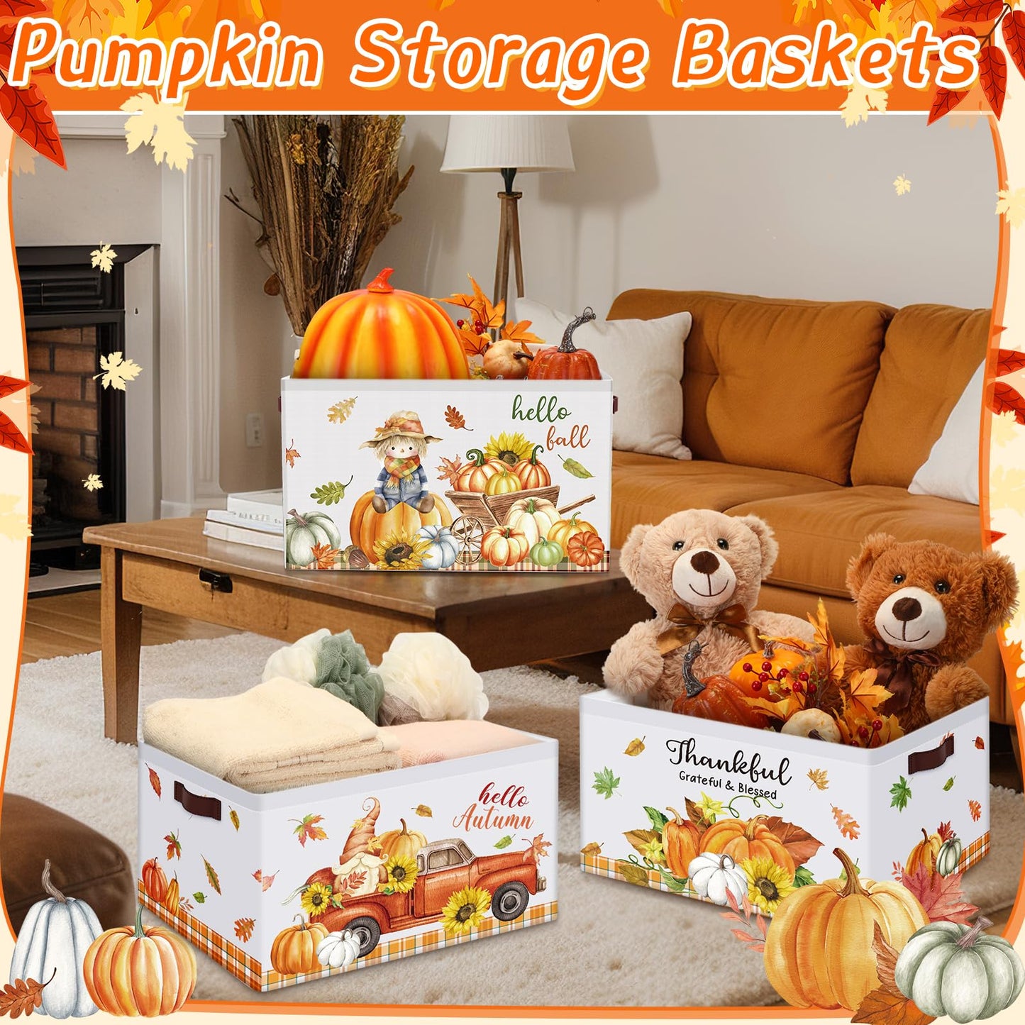 Boao 3 Pack Thanksgiving Storage Gifts Baskets Empty Autumn Storage Bins, Large Foldable Pumpkin Scarecrow Fall Harvest Canvas Laundry Basket with Handle for Office Home Nursery Bedroom Clothes
