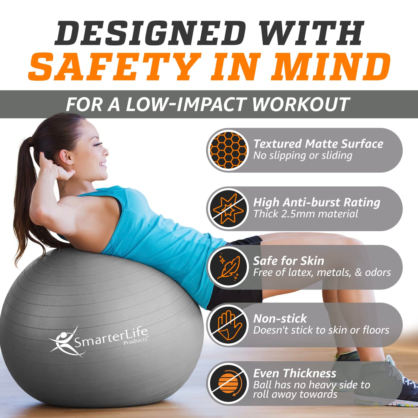 SmarterLife Exercise Ball Yoga Ball for Fitness, Balance, Stability, or Pregnancy, Gym Ball for Core Workout, Physical Therapy, Yoga Ball Chair for Office, Anti-Slip Anti-Burst