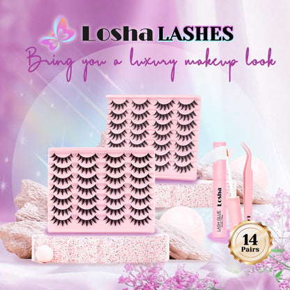Losha Lashes Spiky Manga Lashes 14 Pairs Anime False Eyelashes 8D Wispy Eye Lashes Kit with Lash Glue and Lash Tweezers Natural Soft Fake Eyelashes (Cutes)
