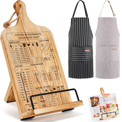Housejoy Wooden Cookbook Stand with 2 Aprons, Hieght Adjustable Bookholder for Kitchen Counter, Cookbook Holder Stand Wood Sturdy with Measurement Conversion Chart, Foldable Easel for Kitchen