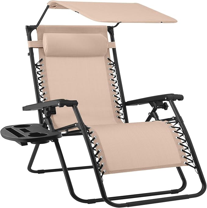 Best Choice Products 30” Wide Folding Zero Gravity Outdoor Recliner Patio Lounge Chair w/Adjustable Canopy Shade, Headrest, Side Accessory Tray - Beige