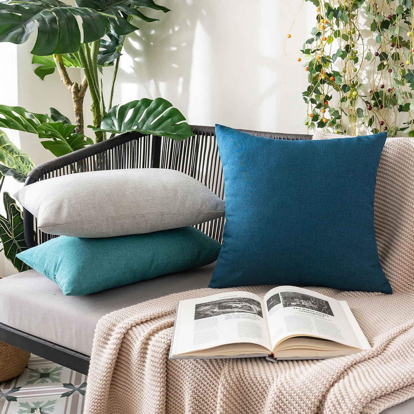 MIULEE Pack of 2 Decorative Outdoor Solid Waterproof Throw Pillow Covers Faux Linen Garden Farmhouse Coastal Cushion Cases for Summer Patio Tent Balcony Couch Sofa 18x18 Inch Blue