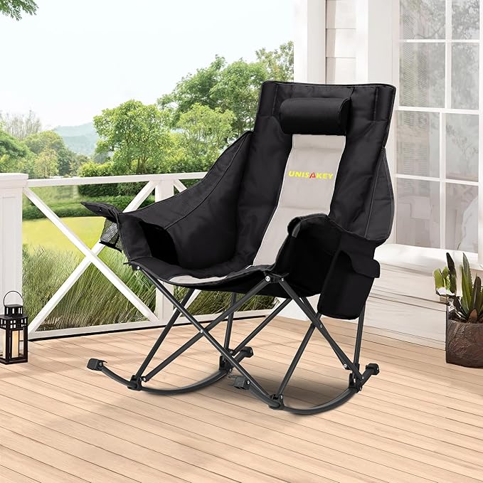 Oversized Rocking Camping Chair with Headrest & Cup Holder - 400lbs Capacity, 600D Oxford Fabric, Easy Fold Portable Outdoor Rocker Chair for Camping, Backyard, Beach, Light Gray