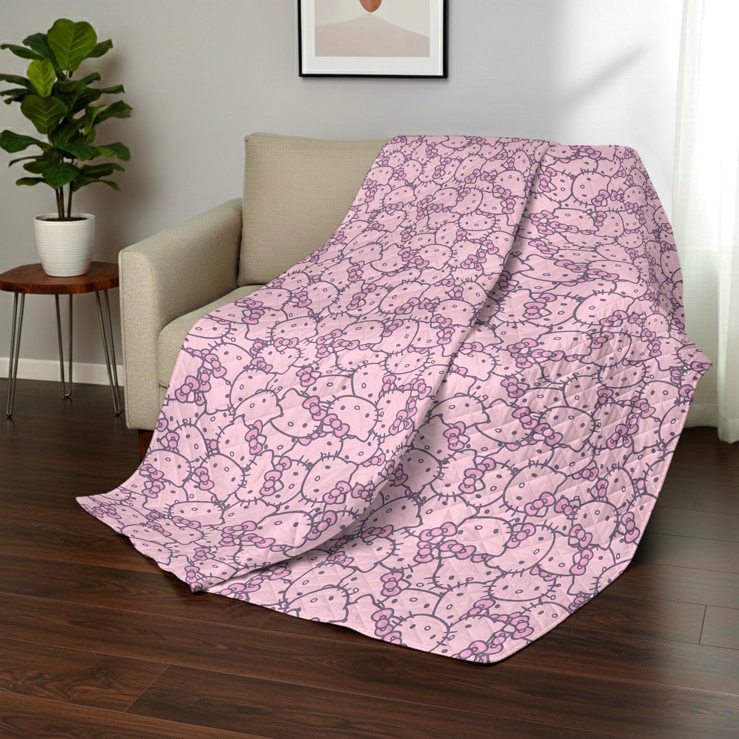 Northwest Sanrio Hello Kitty Reversible Quilted Throw, Kawaii Pink Pattern, Cozy & Warm, for Anime Fans, Game Room, Chair or Couch, 60 x 80 Inches