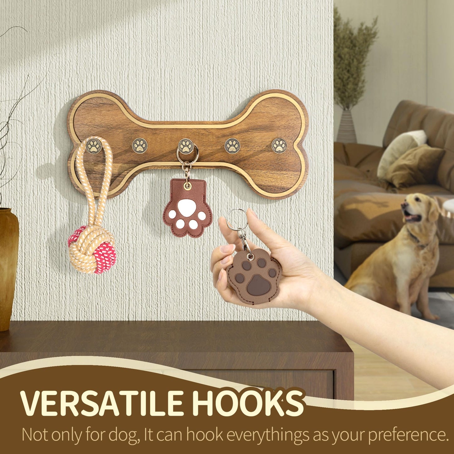 MTERSN Farmhouse Dog Leash Holder for Wall – Dog Stuff Organizer and Dogs Bone Key Holder Wall Mount with 3D Puppy Paw Hooks - Cute Stuff for Pet Lover Gifts (Acacia Wood)
