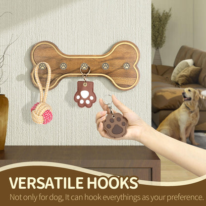 MTERSN Farmhouse Dog Leash Holder for Wall – Dog Stuff Organizer and Dogs Bone Key Holder Wall Mount with 3D Puppy Paw Hooks - Cute Stuff for Pet Lover Gifts (Acacia Wood)