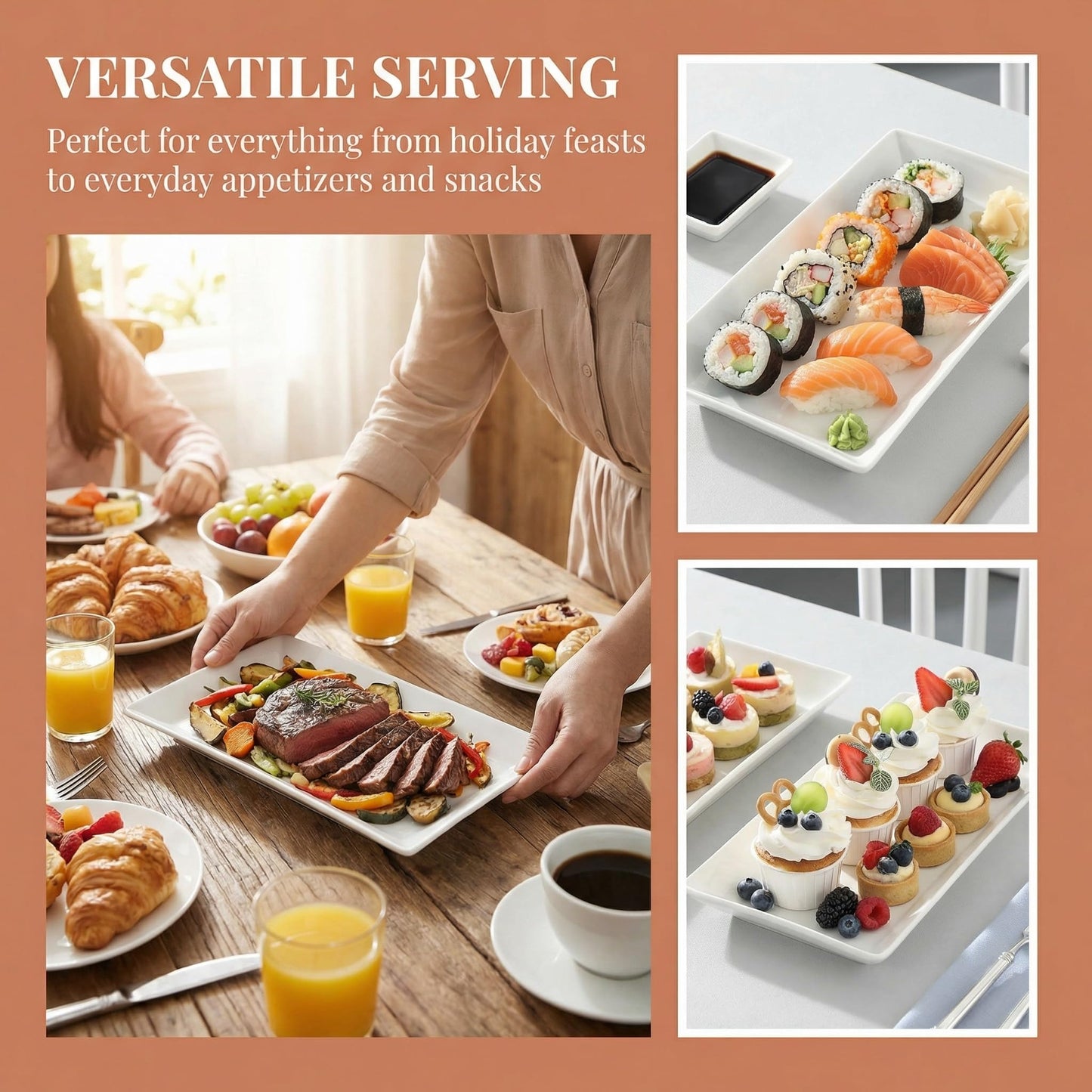Feenmai 12" Serving Platters Set of 4, White Rectangular Plates, Ceramic Serving Tray, Stackable Large Party Plates for Appetizer, Dessert, Steak, Sushi, Housewarming Gift, Oven Dishwasher Safe