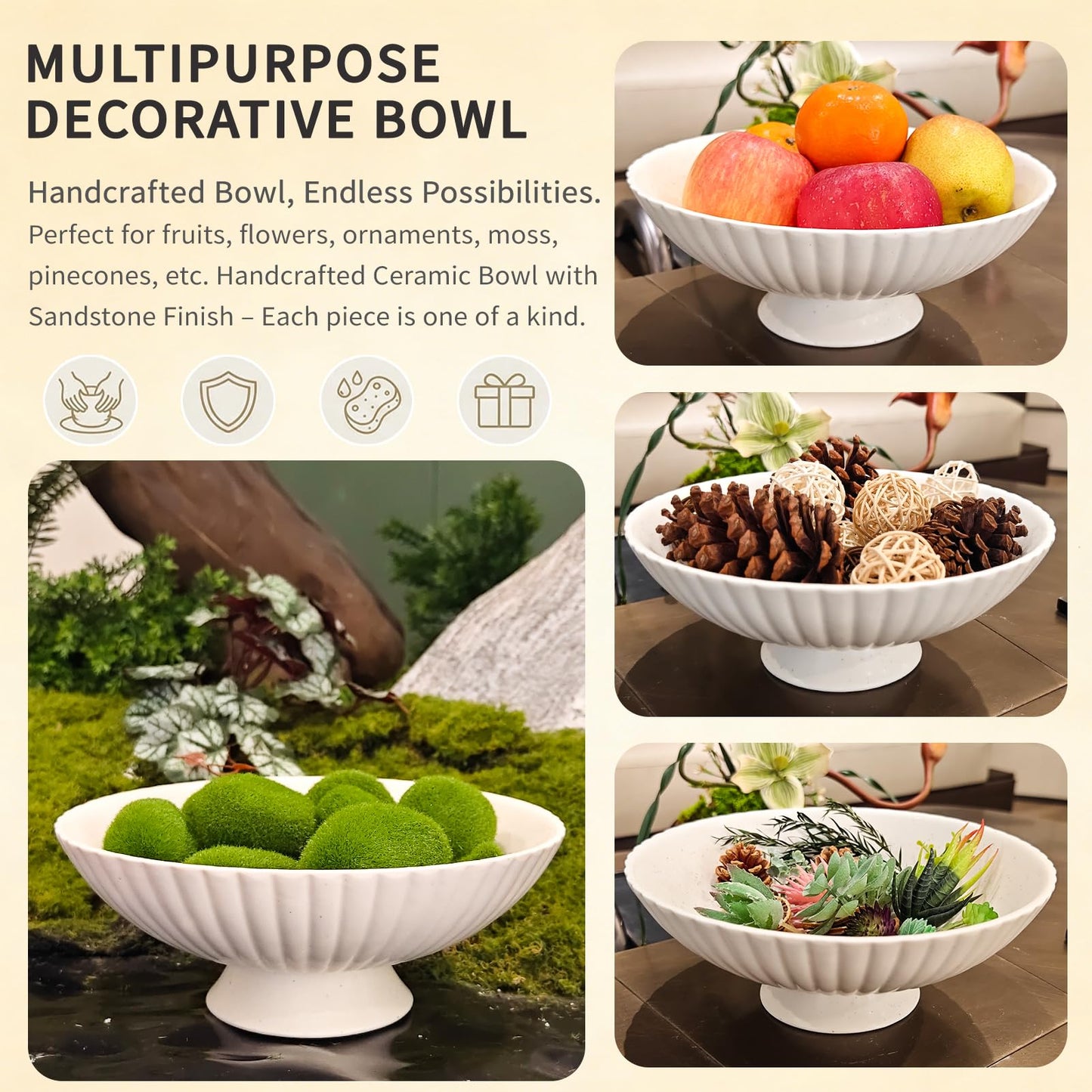 Afadorable 10 Inch Handmade Large Matte White Fluted Ceramic Pedestal Bowl, Decorative Fruit Bowl with Sandstone Speckles – Modern Farmhouse Centerpiece for Kitchen Counter, Entryway & Dining Table