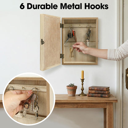 Hidden Key Holder for Wall - Wooden Key Box Wall Mount Decorative Cabinet with 6 Hooks, Rustic Beige Wood Keychain Organizer, Access Card Hangers Rack Storage for Home Entryway Hallway Office Decor
