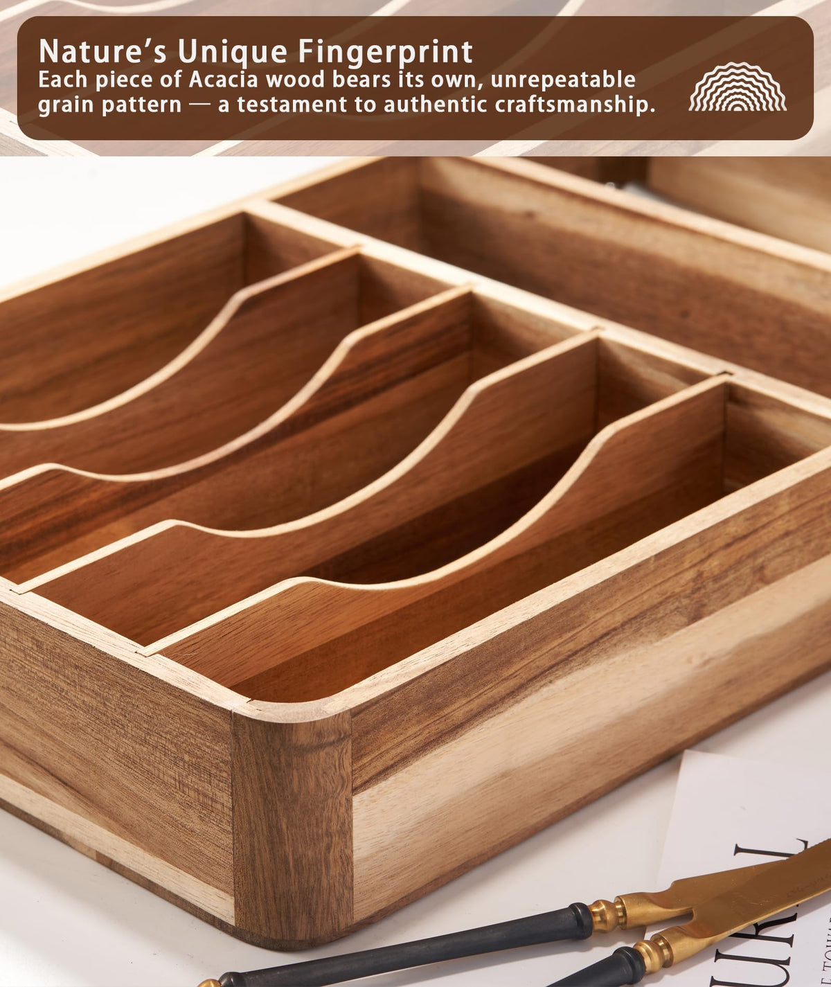 blossome better addition to better life Silverware Drawer Organizer, Acacia Wood Tray for Cutlery & Flatware | Fixed 10.5" Wide, 7-Compartment Utensil Holder for Forks & Spoons