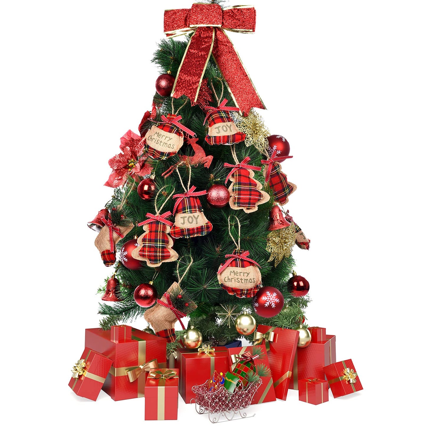 Jetec 20 Pieces Buffalo Plaid Christmas Ornaments Rustic Tartan Burlap Farmhouse Christmas Tree Decors Red Black Buffalo Xmas Tree Ball Plaid Stocking Bell Shaped Hanging Ornaments for Xmas Party