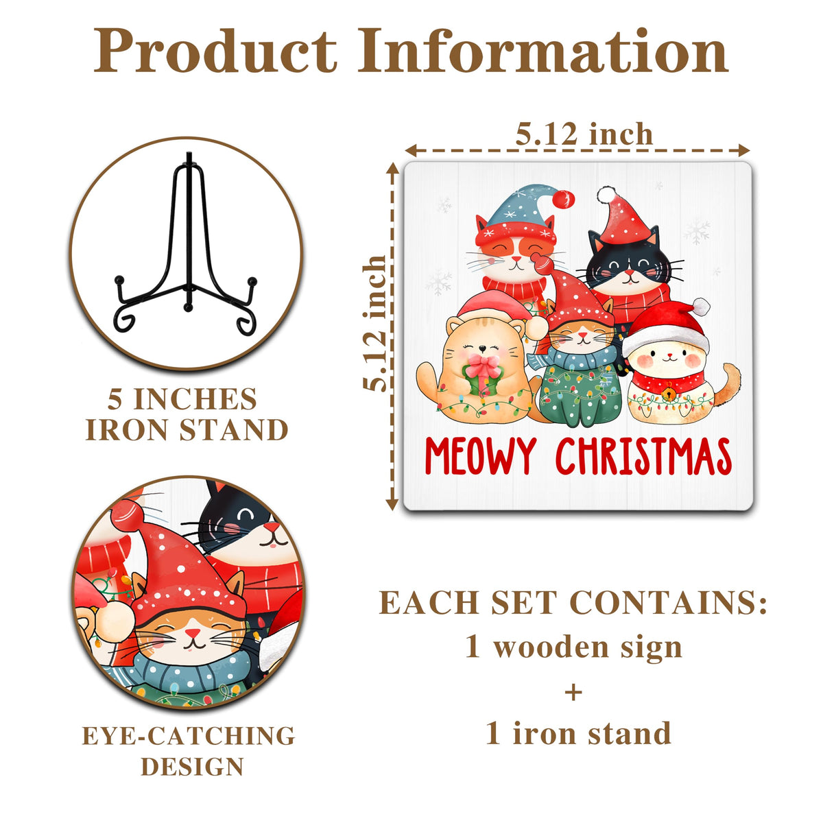 Cazhes Cute Christmas Cat Wooden Decor, Meowy Christmas Decorations for Home Bedroom, 5x5 Inches Xmas Sign with Iron Stand, Cat Lover Birthday New Year Gifts-G10