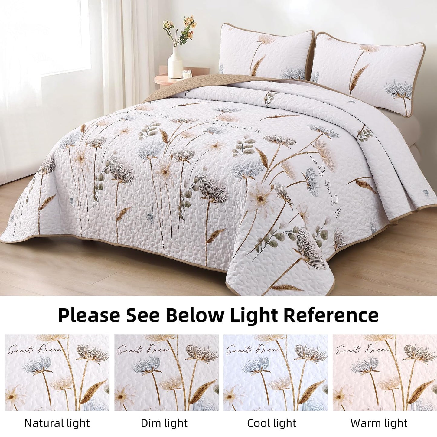 Dinjoy Floral Quilt Set Queen,Beige/Khaki Bedspread Queen Size 3 Pieces Lightweight Fall Quilts Microfiber Farmhouse Bedding Set Soft Flower Bedspreads White Coverlet Sets for All Seasons