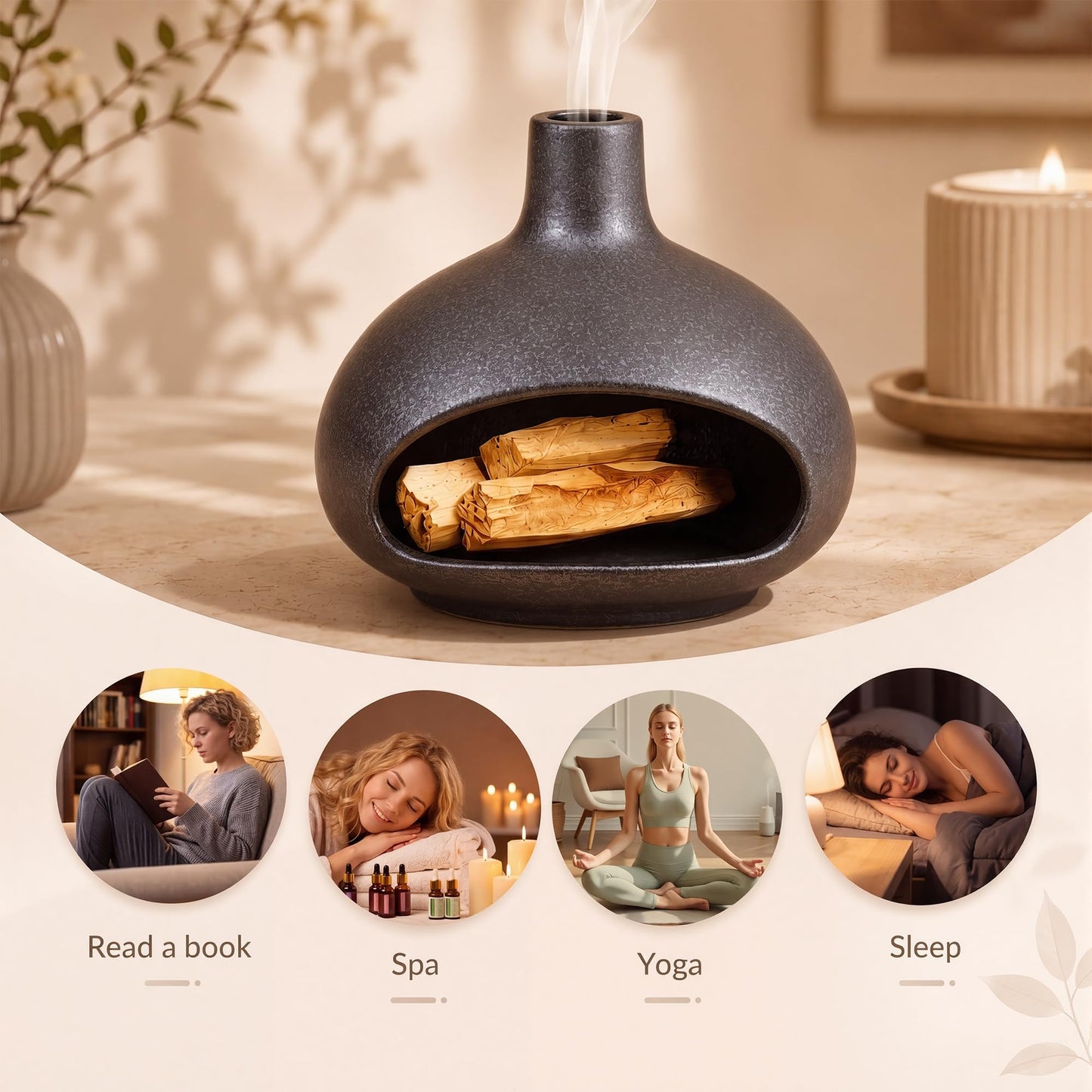 TimberAura Palo Santo Holder, Mini Ceramic Chiminea Incense Burner for Sage, Cones and Sticks, Small Zen Decor Tabletop Ash Catcher for Yoga and Meditation Room (Black)