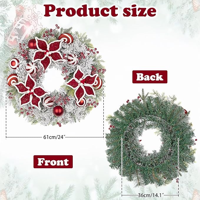 24 inch Christmas Door Wreath, Poinsettia Wreaths for Front Door with Candy Cane Red and White Ball Berries for Fireplace Xmas Decorations, Wall Window Indoor Outdoor Decor