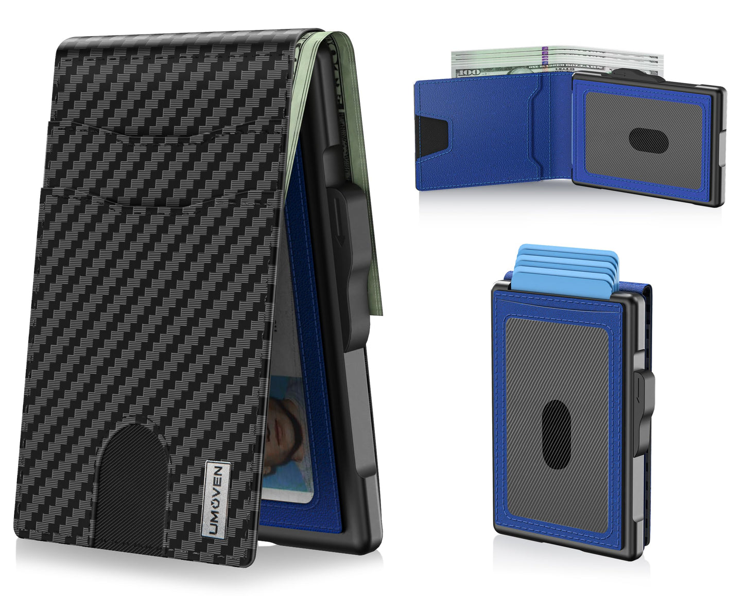 Wallet for Men - Pop Up Case, Cash Slot, and Credit Card Slot - Slim Aluminum Wallet with RFID Blocking, Minimalist Leather Wallet Front Pocket with ID Window, Gift Box (Carbon Fiber), Carbon Blue