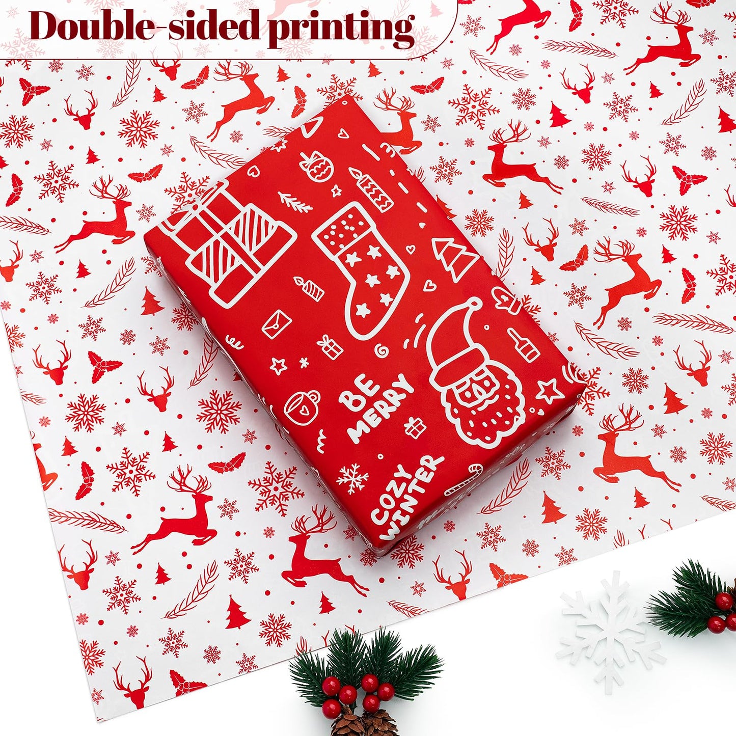 Iioscre Reversible Christmas Wrapping Paper, Santa Gift Wrapping Paper Roll, Red White Reindeer and Snowflake Wrapping Paper for New Year, Holiday, Party, 17 Inch X 32.8 Feet