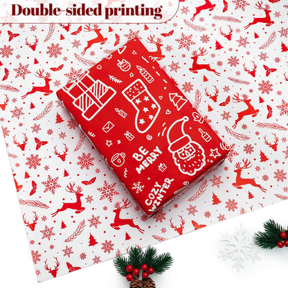 Iioscre Reversible Christmas Wrapping Paper, Santa Gift Wrapping Paper Roll, Red White Reindeer and Snowflake Wrapping Paper for New Year, Holiday, Party, 17 Inch X 32.8 Feet