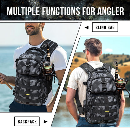 PLUSINNO Fishing Backpack with Tackle Boxes, Waterproof Fishing Sling Tackle Bag For Fishing Gear With Rod Holder, Fishing Gifts for Men With Fishing lures, Fishing pliers.