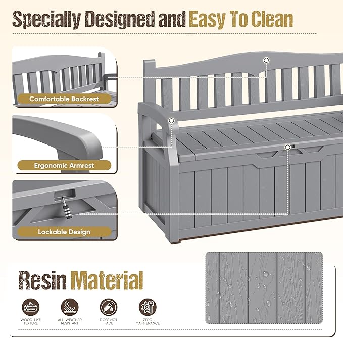 80-Gallon Outdoor Storage Bench, Waterproof Deck Box with Lockable Lid & Armrests for Patio, Garden, Pool, Gray